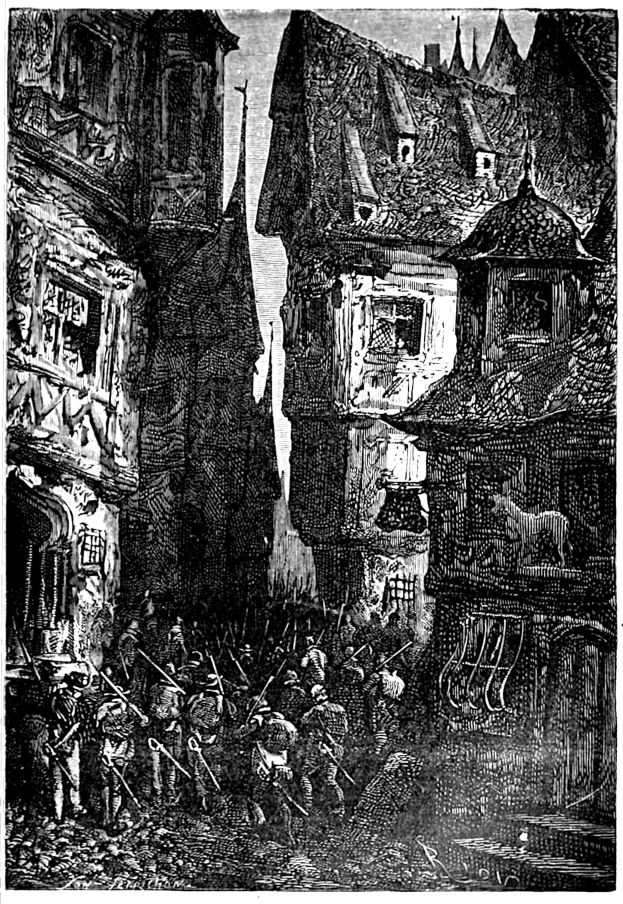 Eine schwarz-weiße Zeichnung einer Straßenszene mit einer Gruppe von Menschen im Vordergrund, Gebäuden im Hintergrund und dem Text "Die Schlacht von Stuttgart" unten.