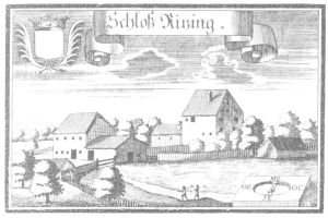 Eine Schwarz-Weiß-Zeichnung eines 16. Jahrhundert deutschen Bauernhofs, der als 'Schloss Künstig' bezeichnet ist, mit Häusern, Bäumen, Menschen, einem Zaun und einem Himmel im Hintergrund.