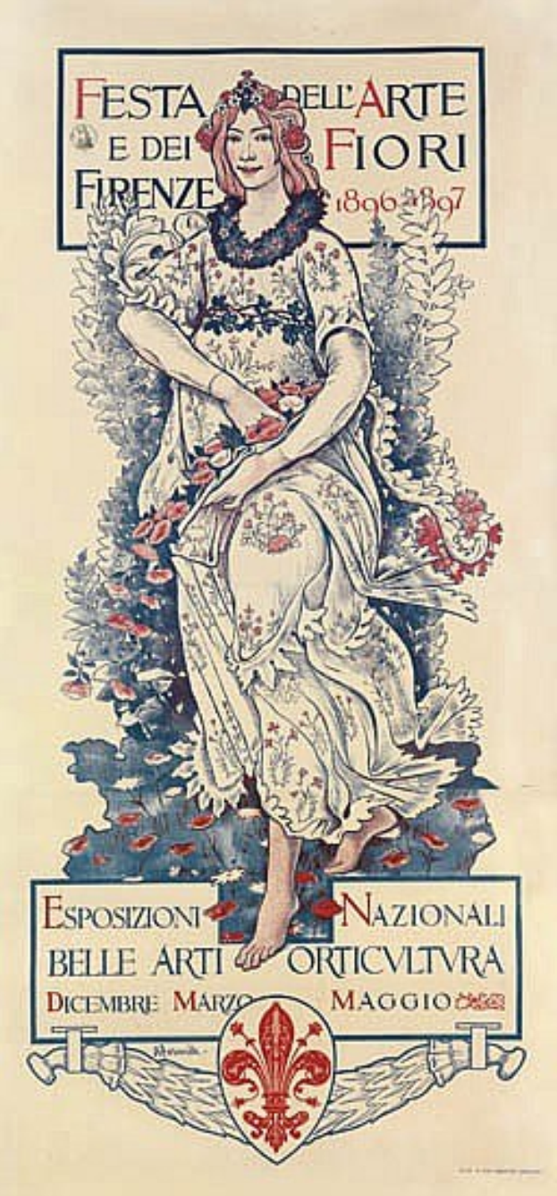 Plakat für ein italienisches Festival mit einer Frau in einem langen weißen Kleid mit hohem Kragen, Haarband und sanftem Gesichtsausdruck vor einem hellblauen Hintergrund mit schwarzer Schrift.