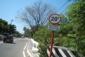 Eine Straße mit Fahrzeugen, ein Tempolimit-Schild, eine Trennung, Bäume, Strommasten mit Drähten und einen klaren blauen Himmel.