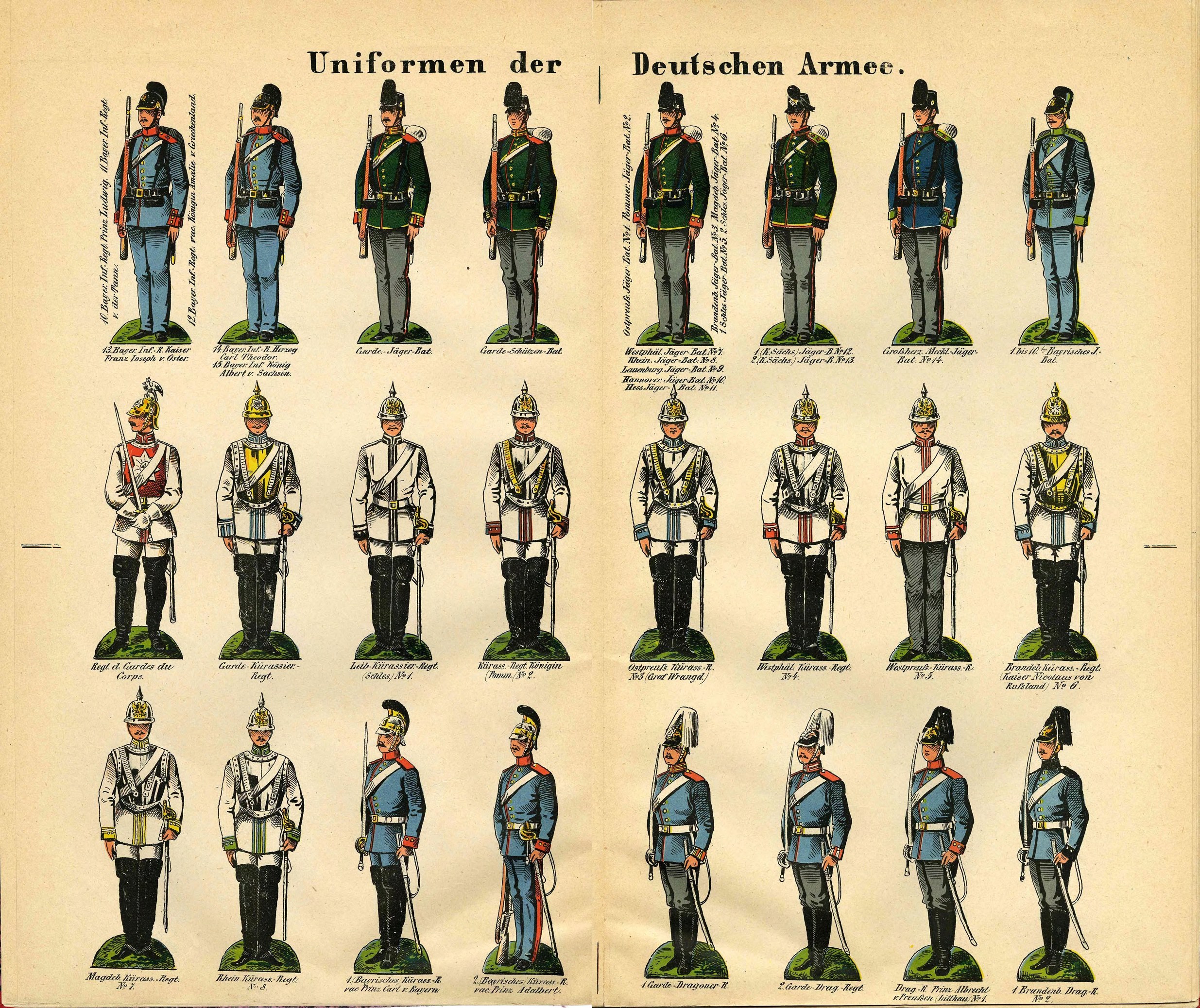 Ein Buch, das bunt gefärbte Militäruniformen der deutschen Armee mit detaillierten Elementen wie Helmen, Gewehren und anderen Waffen zeigt, begleitet von beschreibendem Text.