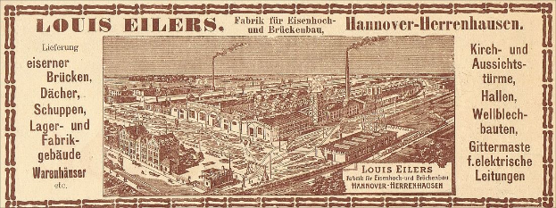 Schwarze und weiße Werbung für die Louis Eilers Hannover-Herrenhausen-Fabrik, die das Fabrikgebäude mit Textüberlagerung zeigt.