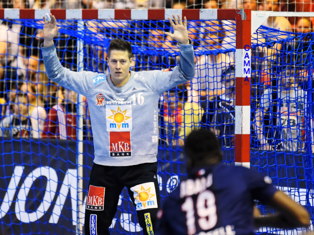 Handballspieler mit erhobenen Armen vor einem Tor bei der Futsal-Weltmeisterschaft 2019, umgeben von Zuschauern und einem sichtbaren Netz.