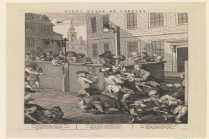 Gruppe von Menschen und Tieren versammelt sich vor einem Gebäude mit Fenstern, einem Laternenmast und einem Himmel im Hintergrund, mit dem Text "Erste Stufe der Grausamkeit" unten.