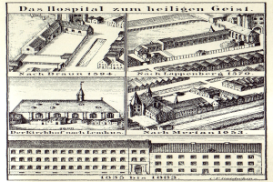 Detailreiches Poster mit einer Zeichnung eines deutschen Krankenhausgebäudes, das Fenster, Türen und Balkone zeigt, begleitet von Text, der Größe, Lage und weitere Merkmale beschreibt.