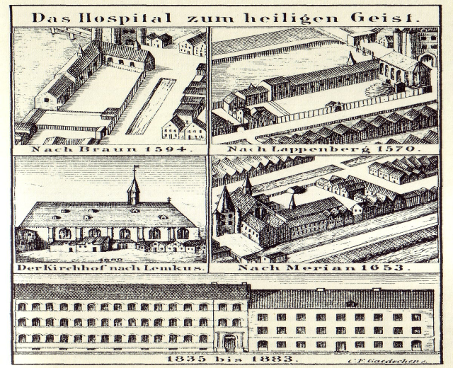Detailreiches Poster mit einer Zeichnung eines deutschen Krankenhausgebäudes, das Fenster, Türen und Balkone zeigt, begleitet von Text, der Größe, Lage und weitere Merkmale beschreibt.