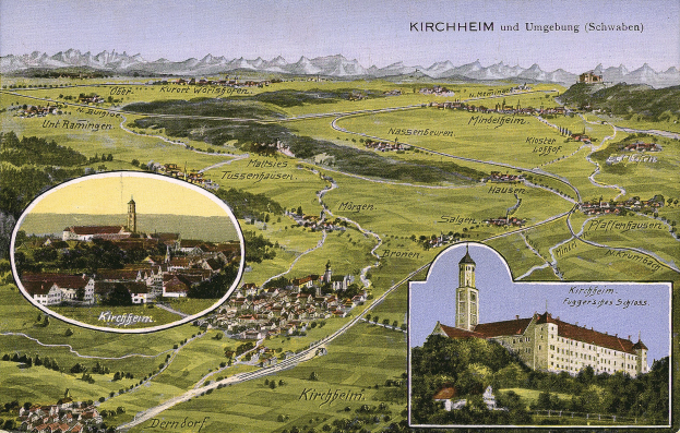 Eine alte Postkarte von Kirchheim und Umgebung, Deutschland, mit einer Stadtkarte, Gebäuden, Bäumen, Hügeln und einem Himmel im Hintergrund sowie Text.