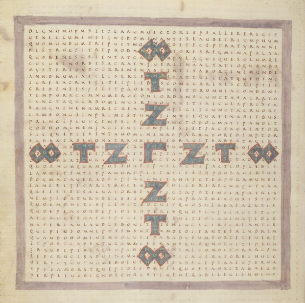 Eine Seite aus einem Buch mit einem Kreuzworträtsel mit Text und Zahlen, bestehend aus Buchstaben und Symbolen.