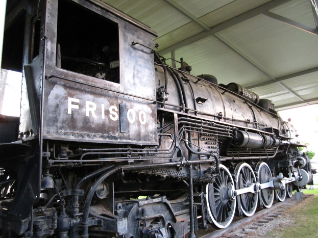 Ein Zug ist in der Mitte auf den Schienen mit Gras darunter, einer Decke darüber und Polen oben zu sehen.