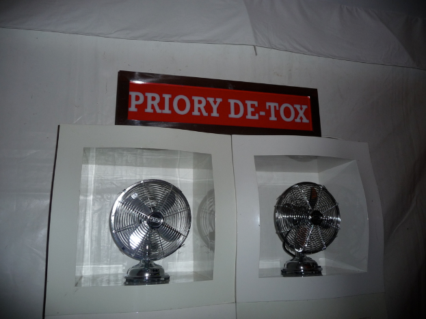 Mehrere Fans und ein Zelt im Freien.