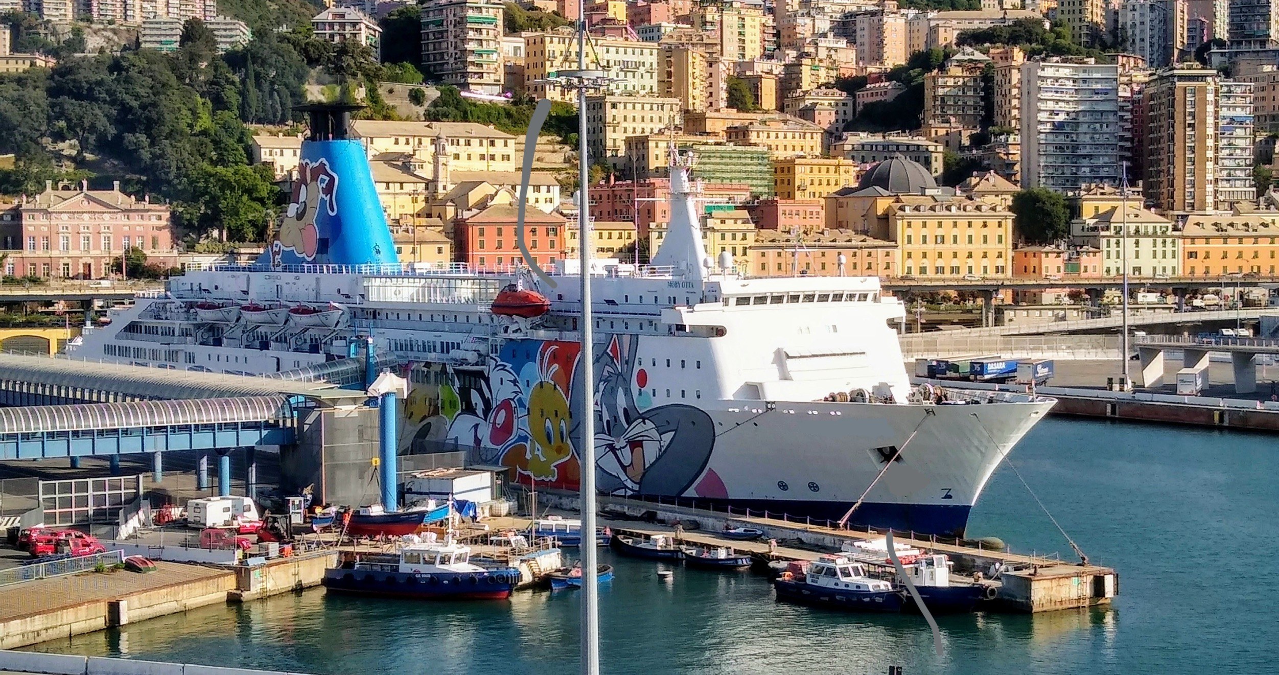 Großes Kreuzfahrtschiff in der Nähe einer Stadt mit einer Brücke links, Fahrzeugen auf der Straße und Gebäuden und Bäumen im Hintergrund.
