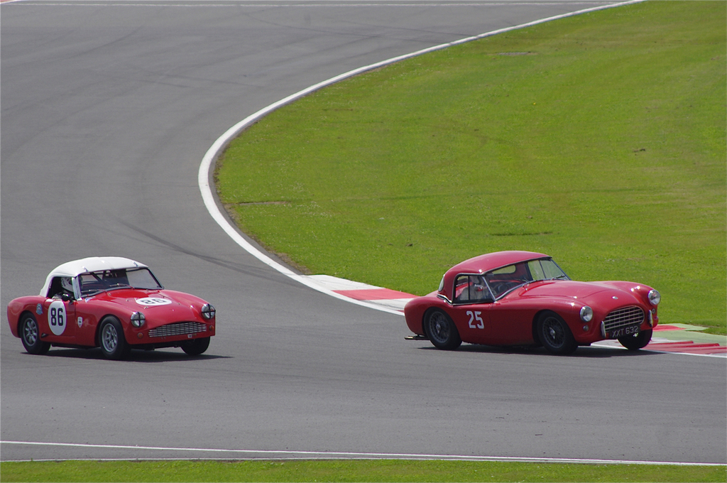 Zwei rote Autos auf einer Rollbahnrennstrecke mit einer Grasfläche auf der rechten Seite.