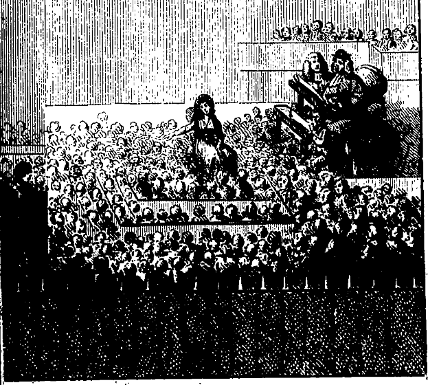 Eine Schwarz-Weiß-Zeichnung einer Menge im Theater, mit einigen sitzend und anderen stehend, und Text unten mit der Aufschrift "The New York Times".