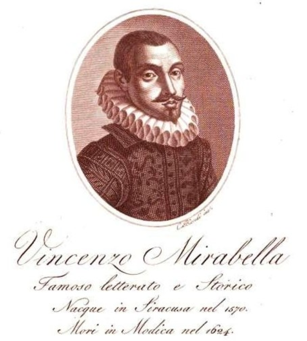Portrait von Vincento Mirabella, einem berühmten italienischen Dichter, der eine Rüschenkrone trägt und vor einem weißen Hintergrund posiert, mit italienischer Schrift am unteren Rand.