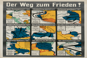 Ein Plakat mit einer bunten Deutschlandkarte mit verschiedenen Symbolen und der großen Schrift 'Der Weg zum Frieden' darüber.