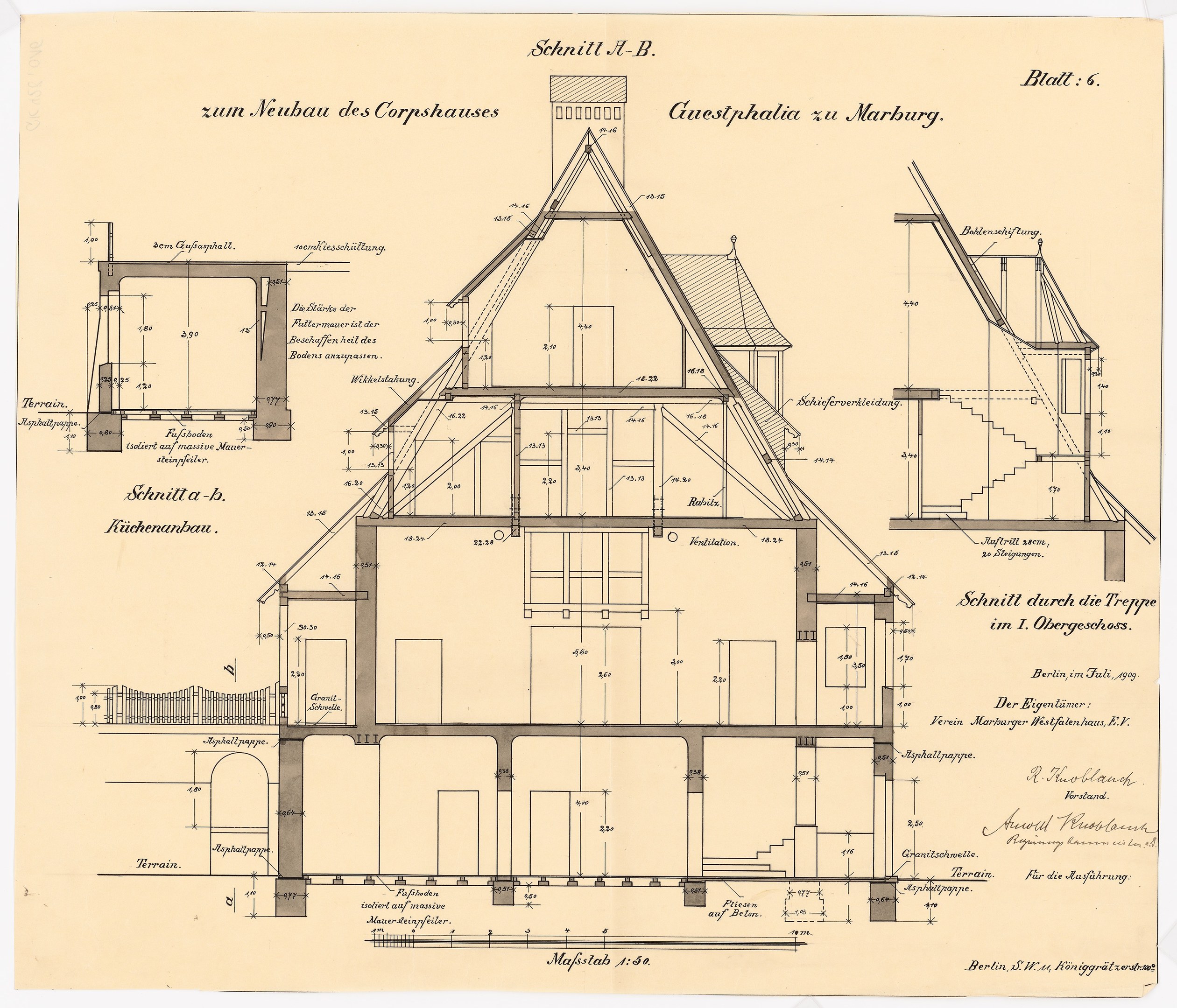 Ein detaillierter architektonischer Entwurf eines Hauses mit zahlreichen Fenstern und einem Dach, identifiziert als das erste Haus Deutschlands, begleitet von strukturellen Plänen und Text.