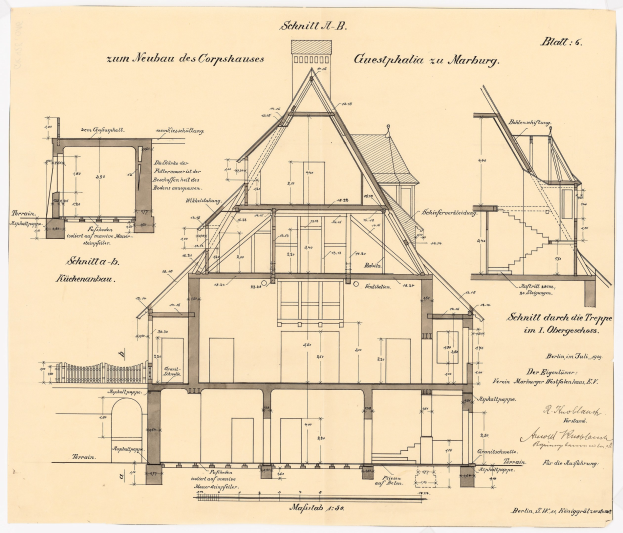 Ein detaillierter architektonischer Entwurf eines Hauses mit zahlreichen Fenstern und einem Dach, identifiziert als das erste Haus Deutschlands, begleitet von strukturellen Plänen und Text.