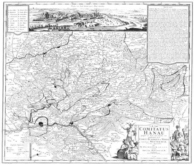 Schwarzes und weißes Plakat mit einem detaillierten Stadtplan von Comitius Hanau mit Straßen, Gebäuden und Bildern von Menschen.