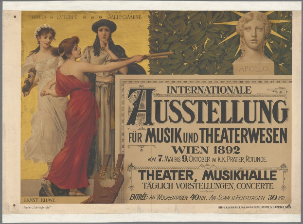 Plakat für die Internationale Ausstellung für Musik und Theaterwesen in Wien, das eine Gruppe von Menschen in einem Kreis mit einer Frau zeigt, die ein Musikinstrument hält und Text über das Ereignis.