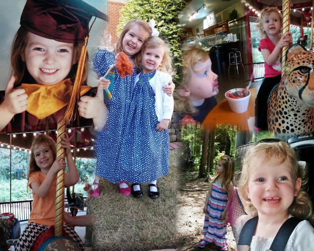 Ein Collage-Bild mit Vergnügungspark-Fahrgeschäften, einem Tisch mit Lebensmitteln, Besteck und verschiedenen Gegenständen vor einer Kulisse aus Grünpflanzen, Lichtern und einer Wand.