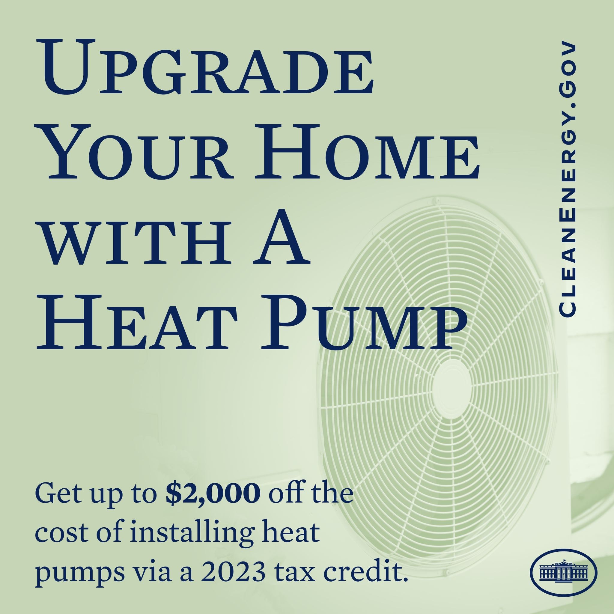 Plakat für die Werbung von Wärmepumpen-Upgrades für das Zuhause, mit einem Bild einer Wärmepumpe und dem Text "Upgrade Your Home with a Heat Pump."