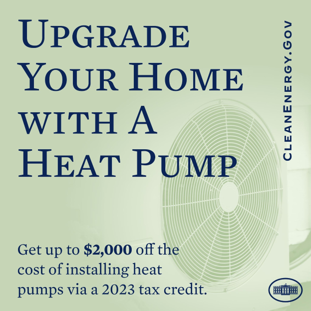 Plakat für die Werbung von Wärmepumpen-Upgrades für das Zuhause, mit einem Bild einer Wärmepumpe und dem Text "Upgrade Your Home with a Heat Pump."