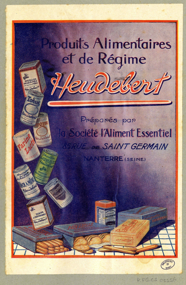 Plakat mit der Aufschrift "Heidelberg - Produkte Alimentaires et de Régime Heidelberg" zeigt verschiedene Lebensmittel, Schachteln und Gegenstände.