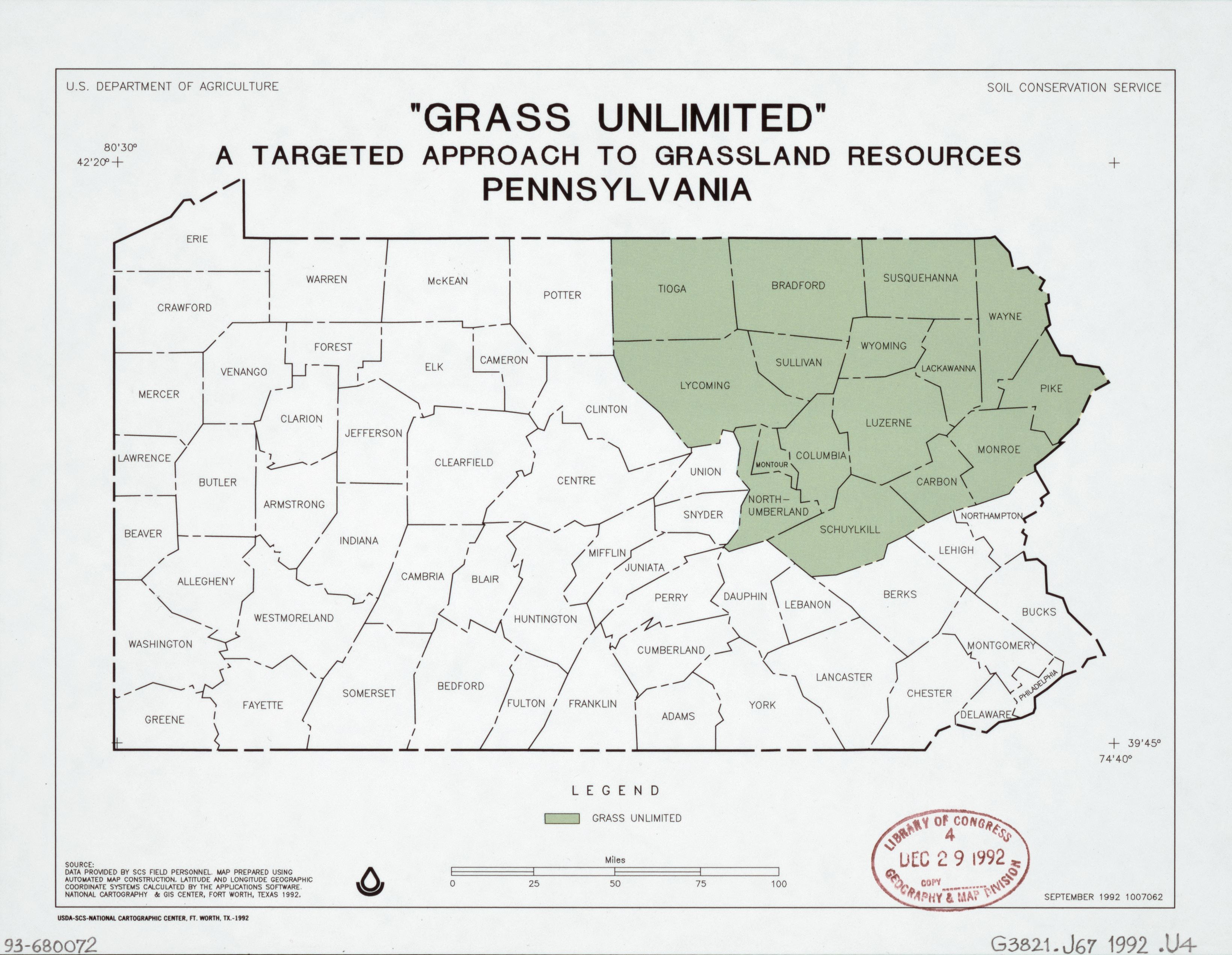 Ein Plakat mit einer Karte von Pennsylvania in verschiedenen Grüntönen und der schwarzen Schrift "Grass Unlimited: Ein gezielter Ansatz für Graslandressourcen".