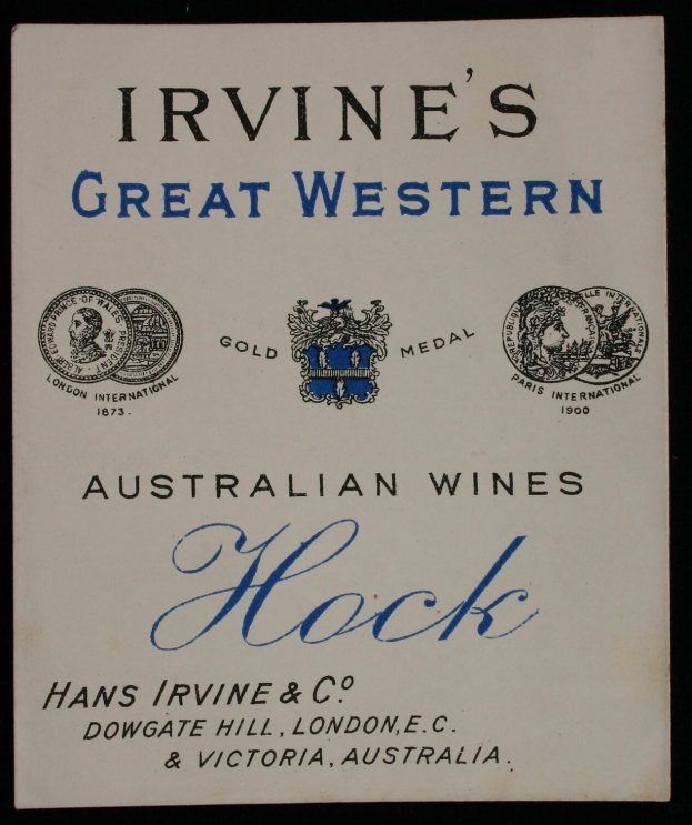 Plakatwerbung für Irvines Große Western Australian Wines, das das Firmenlogo und -text enthält.