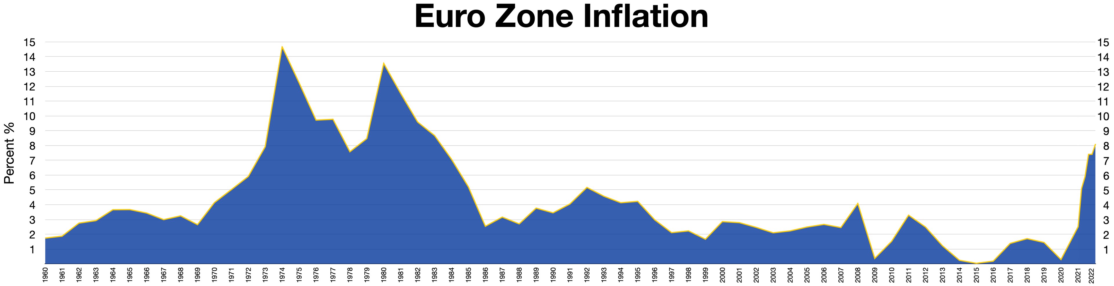 Eine blaue Liniengrafik, die die Euro-Zonen-Inflationsraten in den Vereinigten Staaten veranschaulicht, mit erörterndem Text oben.