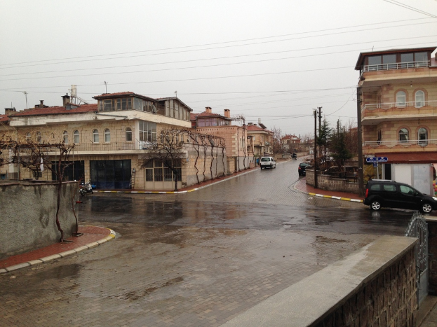 Eine Stadtansicht mit Kraftfahrzeugen auf Straßen, Gebäuden, Bäumen, Strommasten mit Kabeln, Geländern und Himmel.