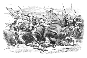 Eine Schwarz-Weiß-Zeichnung von Menschen im Kampf.