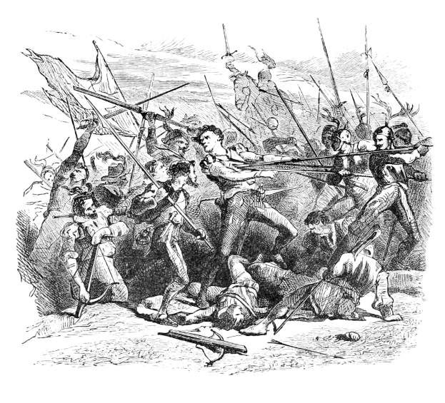 Eine Schwarz-Weiß-Zeichnung von Menschen im Kampf.