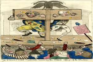 Eine Karikatur eines Mannes in einem gelben Anzug und einer Frau in einem blauen Kleid, die vor einer hölzernen Kiste mit einem Adler darauf stehen, mit mehreren Personen und einer Texttafel im Hintergrund und einem Text am unteren Rand, der "Die Koalitionsbewerber erneuern die freien Wahlen der Wähler" lautet.