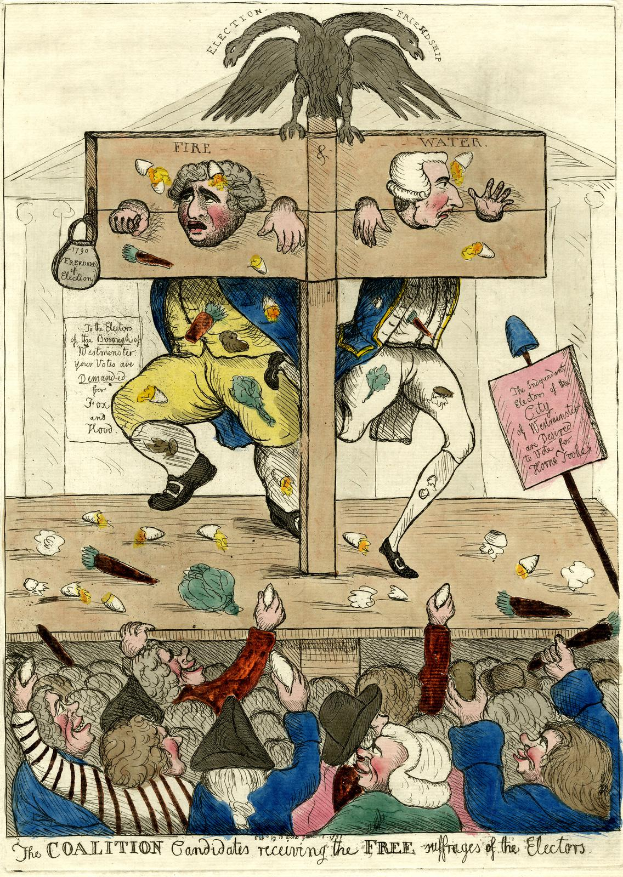 Eine Karikatur eines Mannes in einem gelben Anzug und einer Frau in einem blauen Kleid, die vor einer hölzernen Kiste mit einem Adler darauf stehen, mit mehreren Personen und einer Texttafel im Hintergrund und einem Text am unteren Rand, der "Die Koalitionsbewerber erneuern die freien Wahlen der Wähler" lautet.