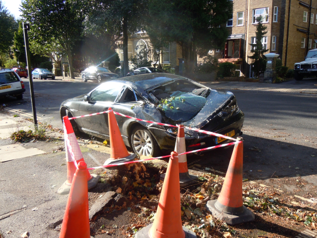 Ein besch├Ądigt auf der Stra├če stehendes Auto mit orangefarbenen Verkehrskegeln drumherum, Tannen und Geb├Ąude im Hintergrund unter einem klaren blauen Himmel.
