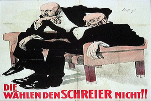 Ein deutscher Propagandaplakat der Nazi-Partei mit zwei Männern auf einem Sofa und Text, der Informationen über die Partei enthält.