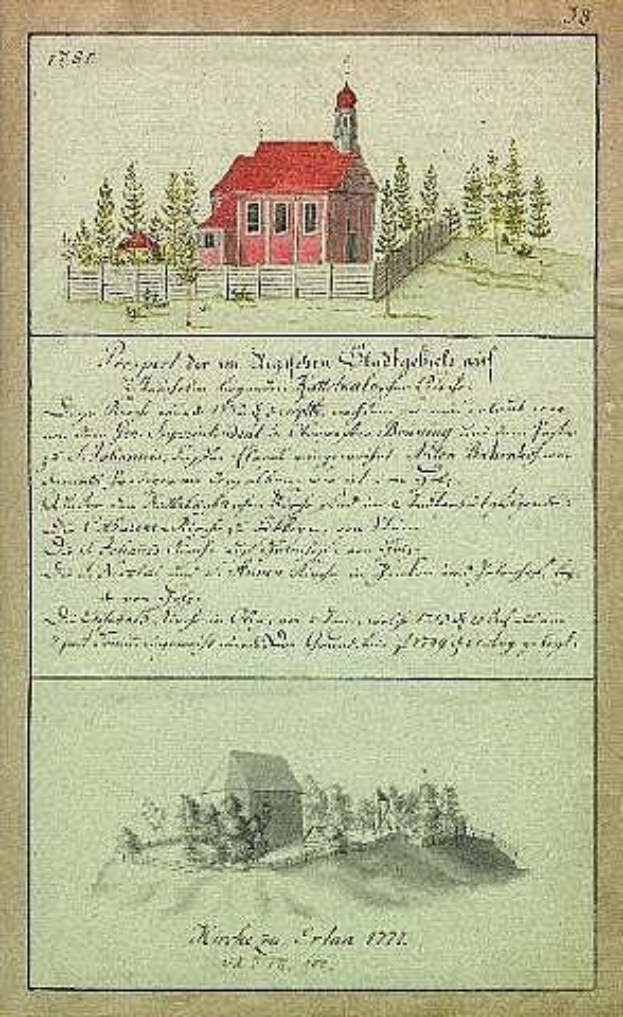 Ein 1777 deutsches Schulbuch mit einer Illustration eines roten Hauses umgeben von Bäumen und einem Zaun.