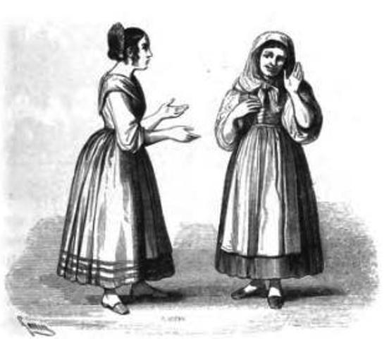 Zwei Frauen in 19. Jahrhundert-Kleidern nebeneinanderstehend, im Gespr├Ąch, mit Text unten: "Frauen des 19. Jahrhunderts."