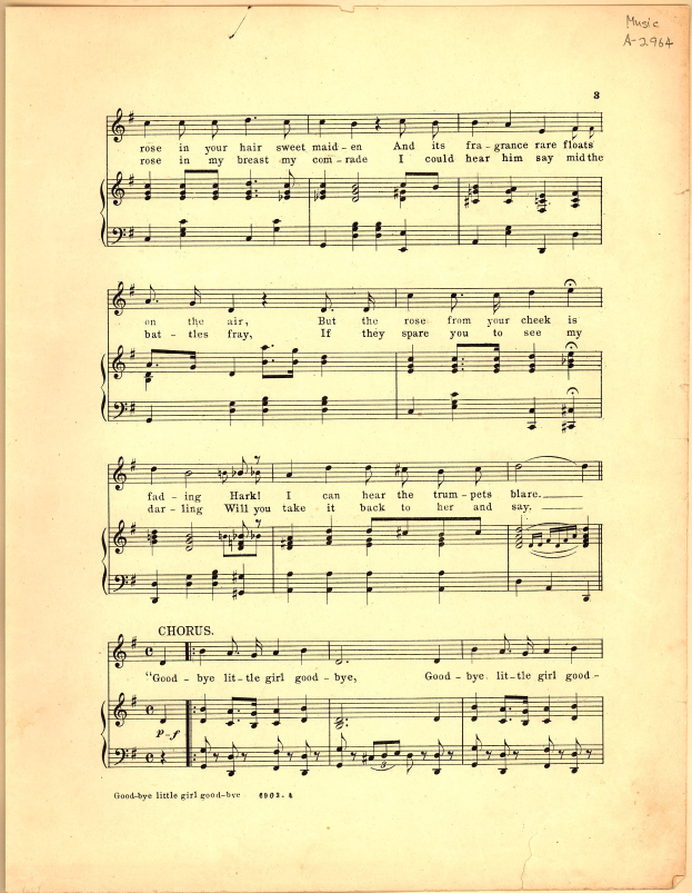 Altes Notenblatt mit der Bezeichnung "Goodbye Little Girl" mit Violinschlüssel und Bassschlüssel, musikalischen Symbolen und Text auf hellcremefarbenem Papier.