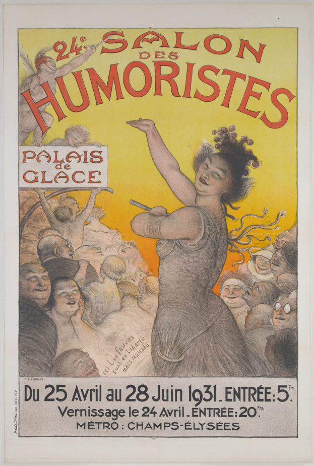 Plakat für den Salon des Humoristes in Paris, das eine Frau zeigt, die von einer Menge umgeben ist, mit Texten, die das Ereignis beschreiben.