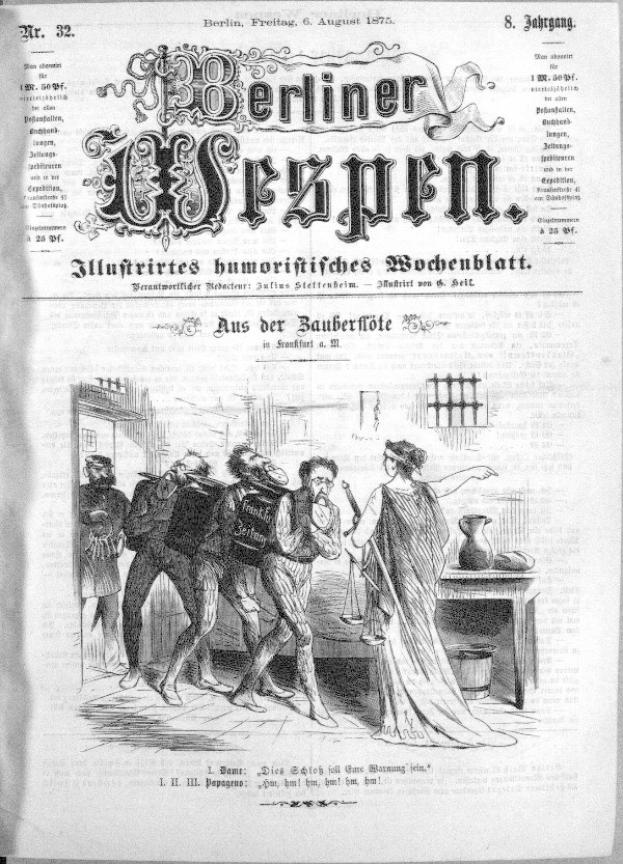 Schwarze und Weiße Zeitung vom "Berliner Wespen, August 6, 1875" mit einer besorgten Gruppe von Menschen, einige schauen ängstlich nach oben und andere verwirrt nach unten.