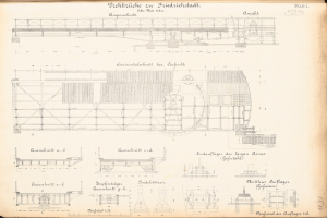 Detailierte Linienzeichnung eines Zuges auf dem Cover eines alten Buches mit sichtbarem Motor, Getriebe und anderen Komponenten, begleitet von erklärendem Text.