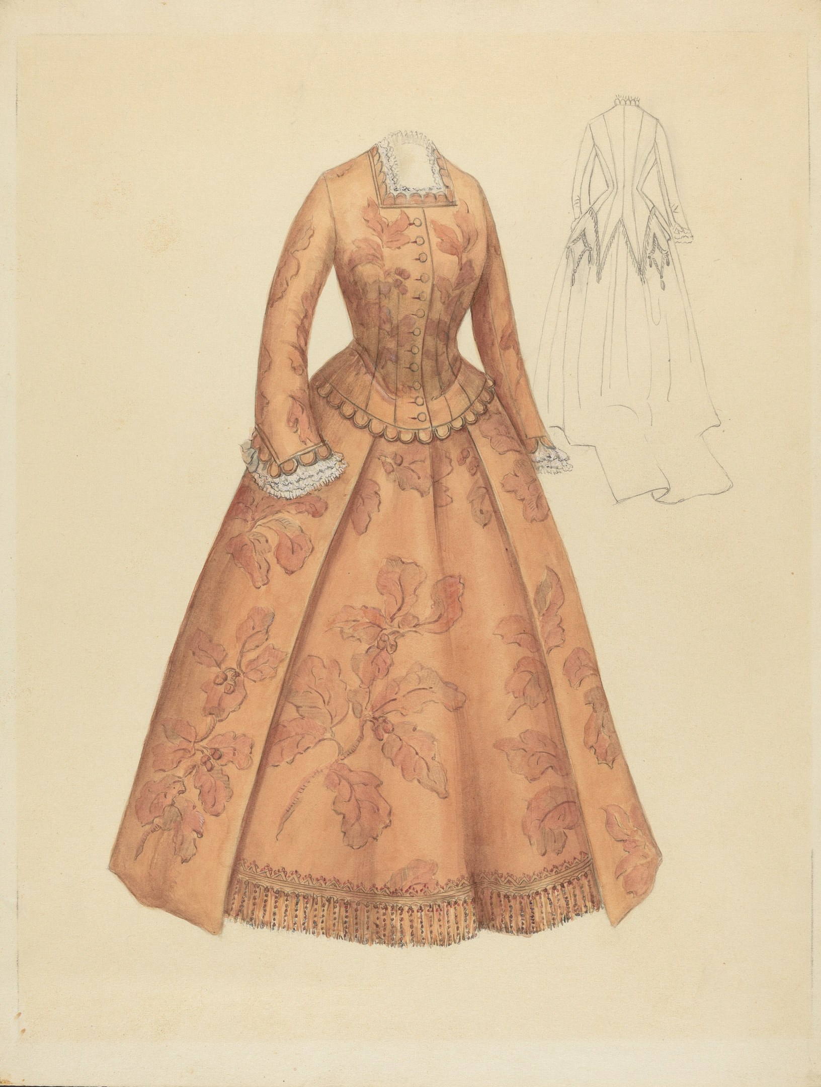 Ein detailliertes Zeichnung eines Kostümdesigns aus dem 18. Jahrhundert mit einem langen Kleid mit floralem Muster, hohem Kragen, vollem Rock und Spitzenbesatz vor einem hellblauen Hintergrund.