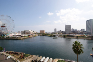 Eine Stadtansicht mit Wolkenkratzern, einem Riesenrad, Vergnügungsanlagen, Schiffen auf dem Wasser und verschiedenen Strukturen wie Geländern, Skulpturen und Barrieren, alles unter einem bewölkten Himmel mit Bäumen und Büschen im Vordergrund.