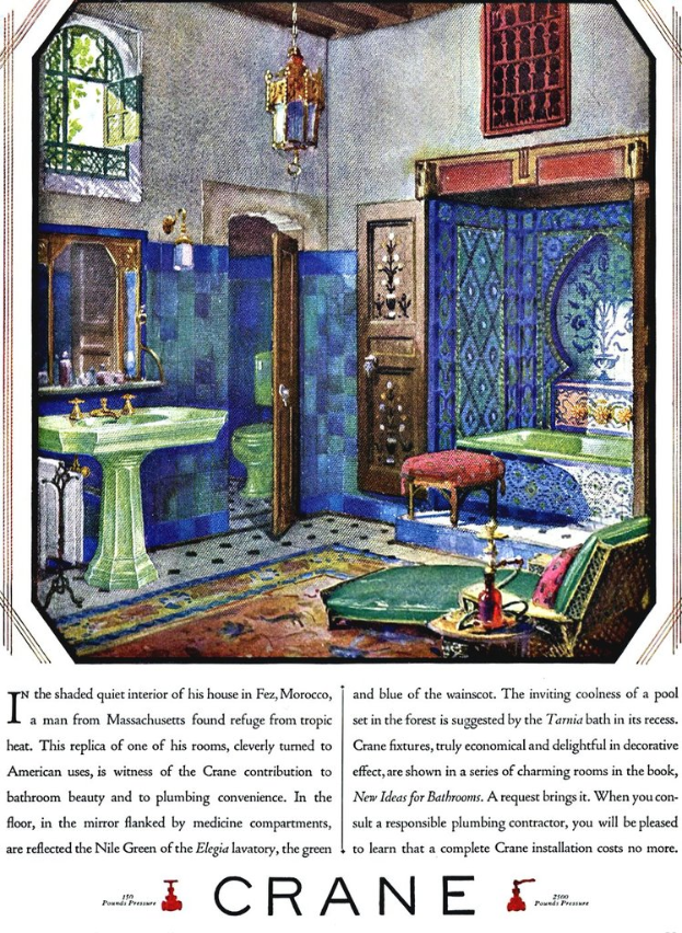 Eine Seite aus einem Buch, die ein Badezimmer mit Waschbecken, Wasserhahn, Spiegel, Lampe, Fenster, TÃ¼r, westlichem Toiletten, Hocker, Stuhl, Badewanne und einem Teppich zeigt.