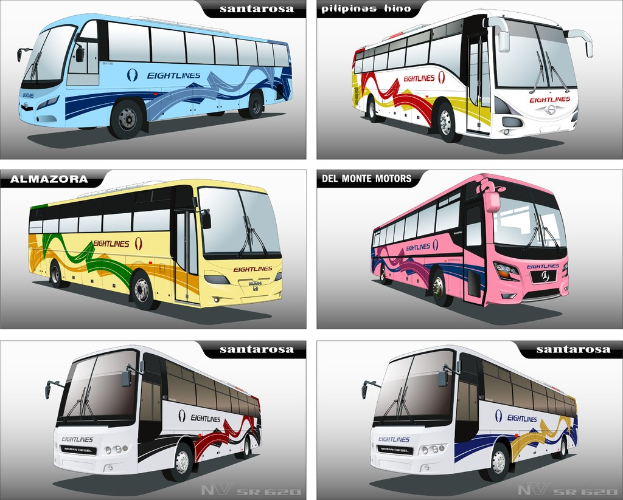 Sechs Busse auf einer Straße mit einem Textüberblatt, sieht aus wie ein bearbeitetes Foto.