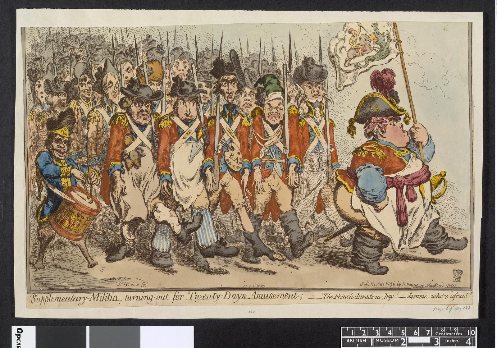 Gruppe von Männern in Militäruniformen marschiert auf einer Straße, einer hält einen Stock in der Hand, mit dem Text 'Ergänzender Militärdienst, Ausmarsch für Zwanzig-Tage-Vergnügen' unten.