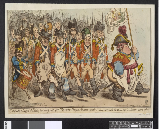 Gruppe von Männern in Militäruniformen marschiert auf einer Straße, einer hält einen Stock in der Hand, mit dem Text 'Ergänzender Militärdienst, Ausmarsch für Zwanzig-Tage-Vergnügen' unten.