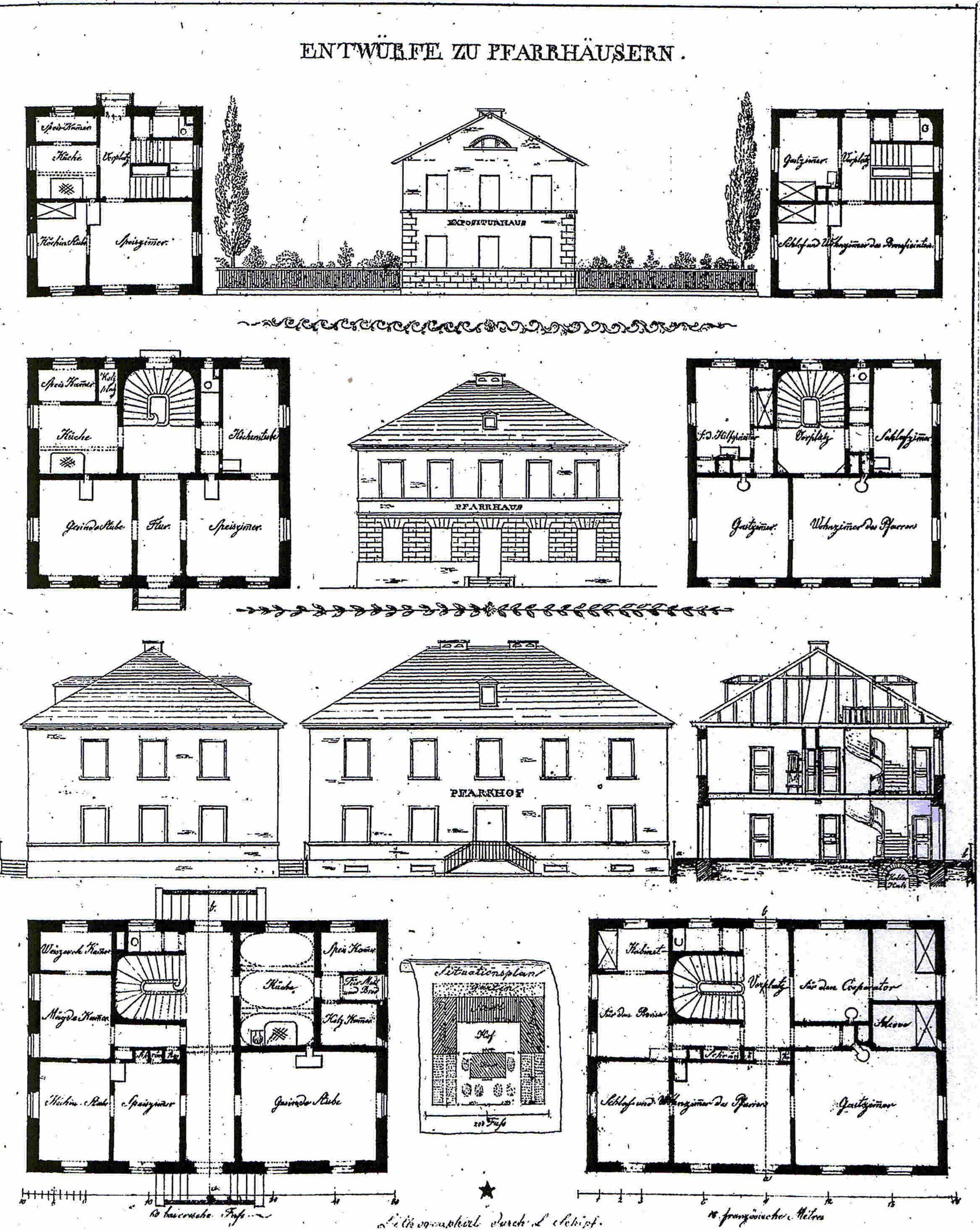 Schwarze und weiße architektonische Zeichnung eines Hauses mit zahlreichen Fenstern, beschriftet "Pläne für ein Haus in Deutschland", umgeben von Bäumen.